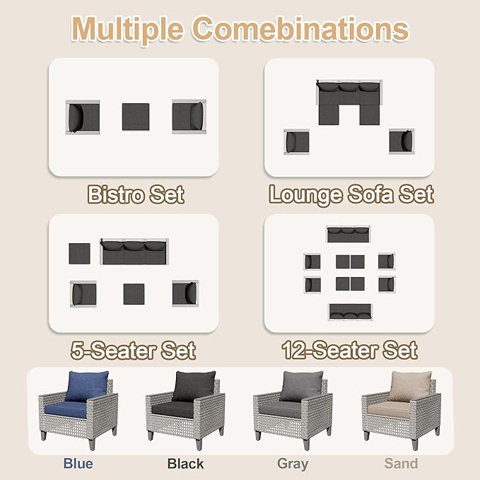8 Pieces Patio Furniture Set with Fire Pit Table and Ottomans, Modern Outdoor Sectional Sofa with Comfy Cushions, Modular Wicker Rattan Patio Conversation Set, Black