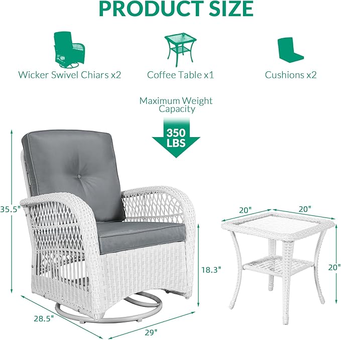 VIVIJASON 3 Piece Patio Wicker Swivel Rocker Bistro Set, Outdoor Swivel Rocking Chairs Set of 2 with Glass-Top Side Table, Patio Rattan Furniture Set for Deck Porch Backyard, White/Grey