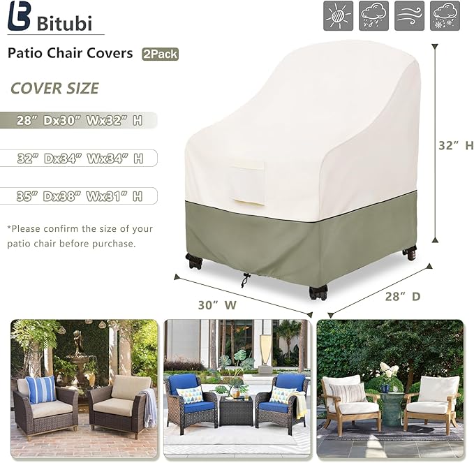 Bitubi Waterproof Patio Chair Covers, Lounge Deep Seat Cover Fits Up to 28W x 30D x 32H inch, Heavy Duty Outdoor Lawn Patio Furniture Cover (2 Pack, Beige)