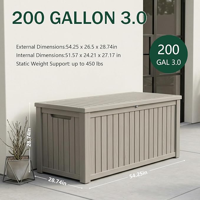 Outdoor Storage Box, 200 Gallon Waterproof Deck Box [Upgraded 3.0], Premium Hydraulic Cushion Storage Chest, High-Load Lockable Two-Seater Patio Storage Bench, Large Country Estate, Grey