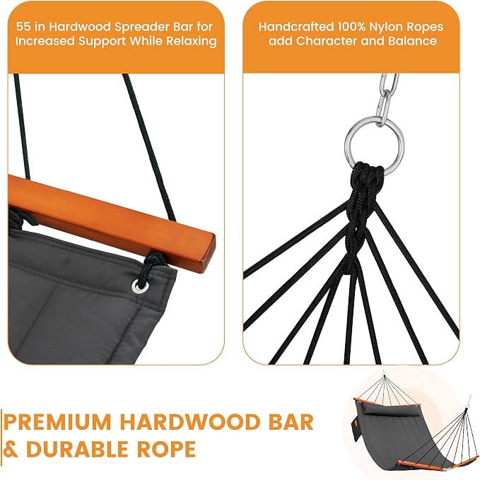 Lazy Daze Hammocks 12FT Quilted Double Hammock with V-Spreader Bar, 2 Person Portable Hammock with Nylon Rope, Side Pocket and Pillow, 450lbs Capacity, Includes Carry Bag for Outside, Grey