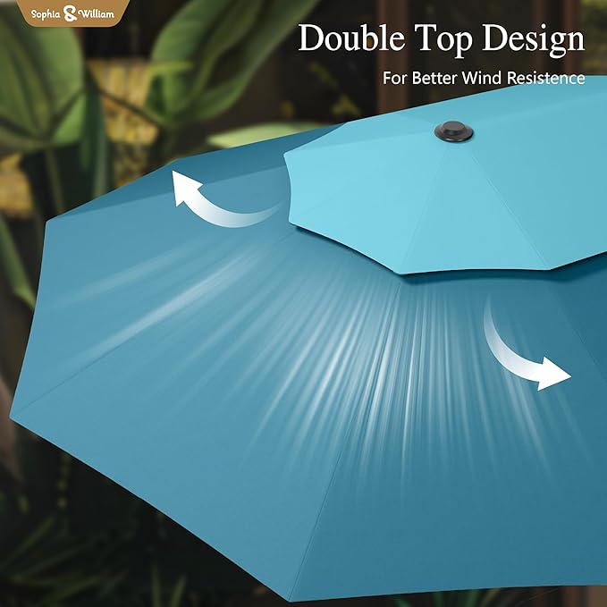 Sophia & William 15ft Extra Large Patio Umbrella with Base Included, 2-Tier Double-Sided Rectangle Outdoor Umbrella with Stand, Market Umbrella for Pool Garden Backyard, Blue & Cerulean