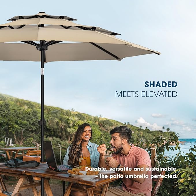 wikiwiki 9ft 3-Tier Patio Umbrella Outdoor Table Market Umbrella for Patio with Push Button Tilt/Crank, Fade Resistant Waterproof POLYESTER Canopy for Garden, Lawn, Deck, Backyard & Pool, Beige