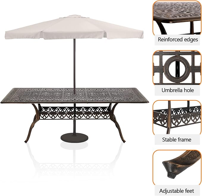 Cast Aluminum Patio Dining Table,Outdoor Dining Table for 8-10,Patio Metal Dining Table with Umbrella Hole for Backyard,Garden,Poolside (1, Rectangular)