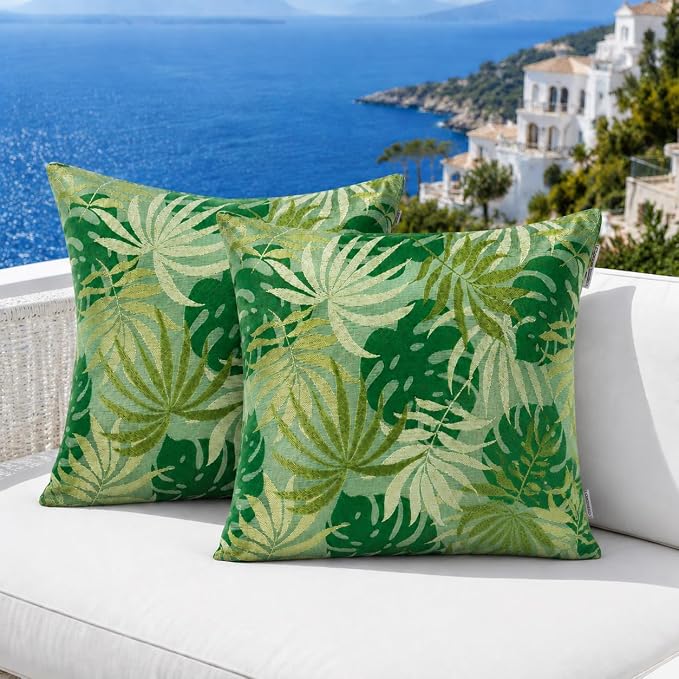 Outdoor Pillow Covers Waterproof Throw Pillow Covers, Set of 2 Jacquard Texture Water Resistant Fade Resistant Decorative Cushion Covers for Garden Patio Bench Couch Sofa, 18x18 Inch(Emerald)