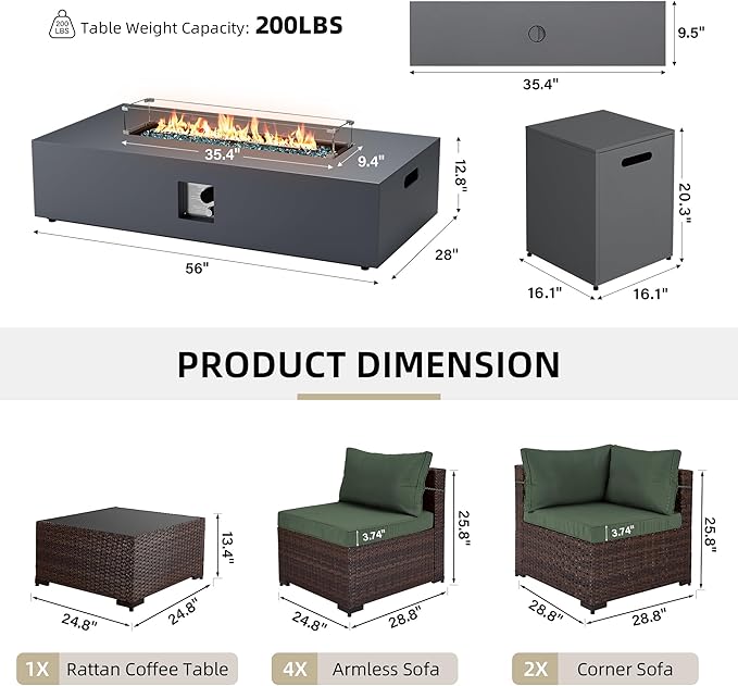 UPHA 9 Pieces Patio Furniture Sets, Wicker Outdoor Sectional Sofa Couch with Rectangle Propane Pit for Deck Backyard Garden, Brown Rattan, Pine Green Cushion