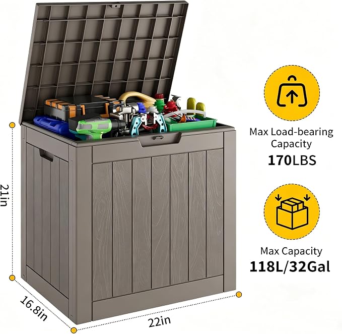 32 Gallon Outdoor Storage Box, Waterproof Resin Deck Box with Lockable Lid – Storage Cabinet for Patio Furniture, Pool Supplies, Garden Tools – Indoor & Outdoor Use