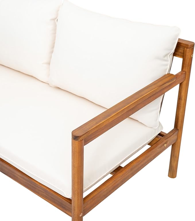 Christopher Knight Home Vorms Outdoor Loveseat with Coffee Table, 2-Piece Acacia Wood Patio Furniture Set with Rope Backrest, Patio Conversation Chat Sets for Backyard Balcony, Teak+Cream