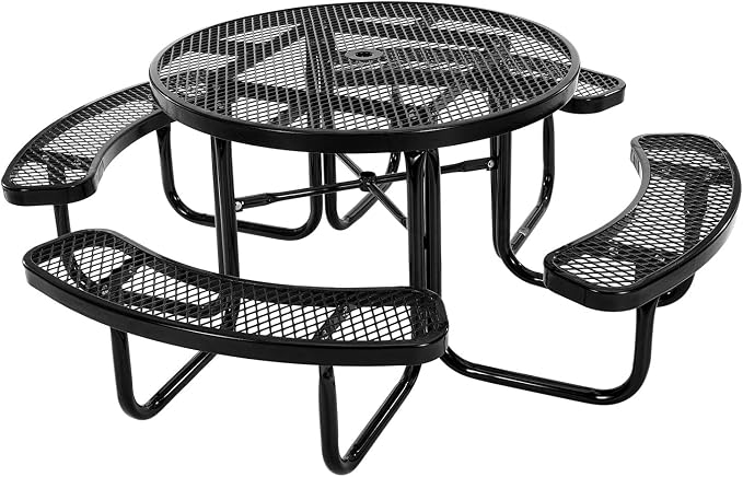 VEVOR Heavy-Duty Picnic Table, Outdoor Furniture Weather Resistant Patio Dining Set, Coated Steel Tables with Umbrella Hole, 46" Round Table and Bench Set, for Garden, Backyard, Porch (Black)