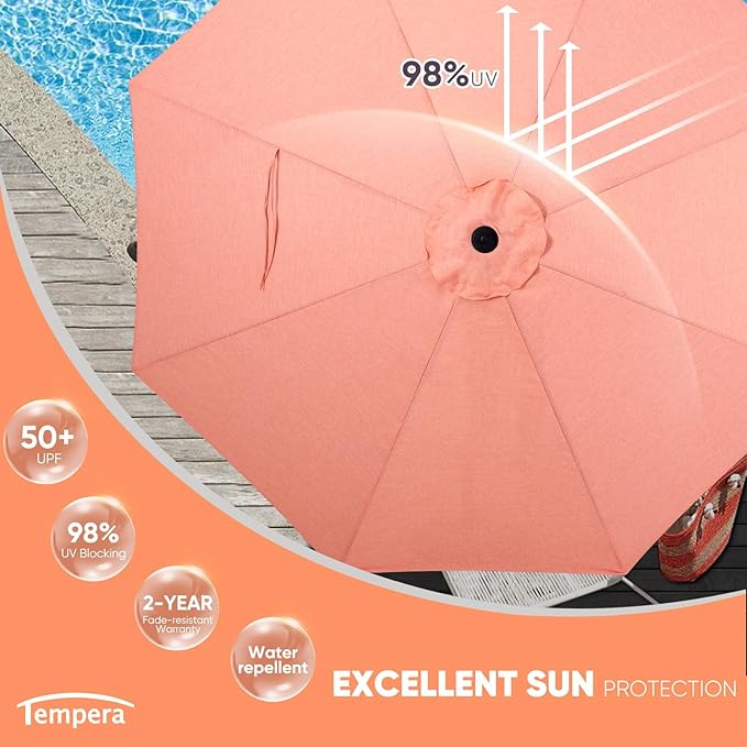 Tempera Patio Market Outdoor Table Umbrella with Push Button Tilt and Crank, Large Sun Umbrella with Sturdy Pole & Fade Resistant Canopy, Easy to Set