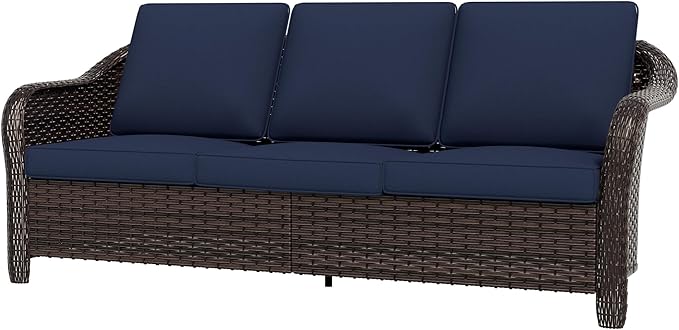 77 inch Outdoor Wicker 3 Seater Sofa, All-Weather Use Patio Rattan Sofa with Seat and Back Cushion, Ideal for Porch, Backyard, Balcony, Poolside, Blue