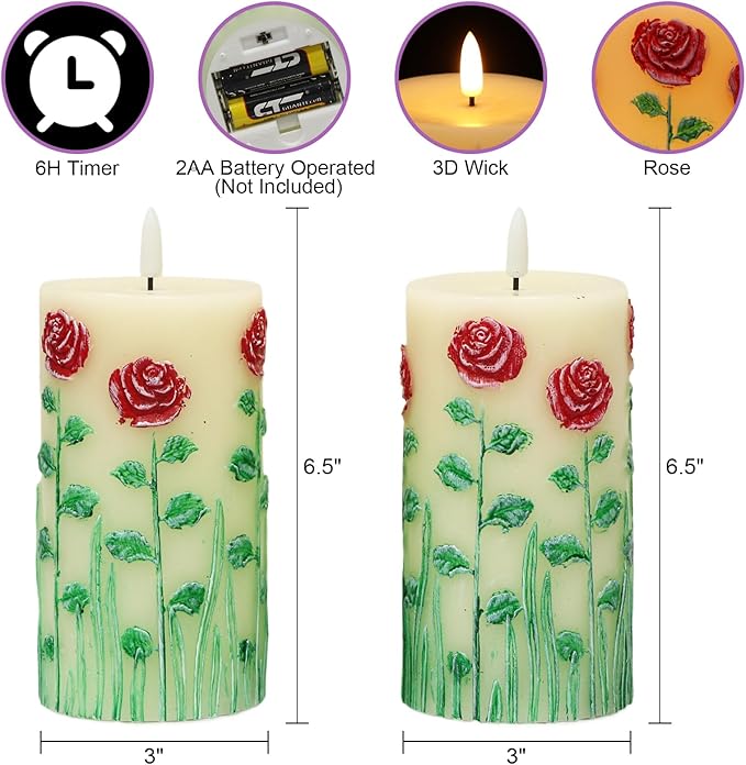 DRomance Roses Flower Flameless Candles Battery Operated with 6 Hour Timer 3D Wick Flickering LED Pillar Candles Real Wax Hand-Painted Dinner Christmas Holiday Decor(2 Pack, 3" D x 6.5" H)