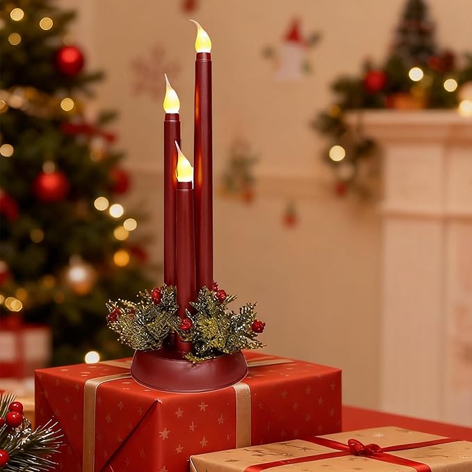 Flameless Taper Candles LED Candlesticks Battery Operated 3D Flicker Fake Candle for Xmas Wedding Fireplace Holiday Party Decor (Red)
