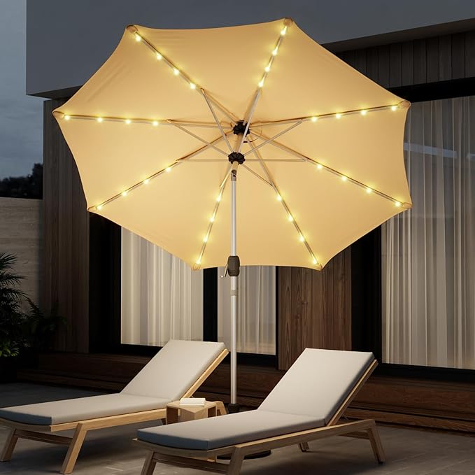 10FT 40-LED Solar Lighted Aluminum Patio Umbrella, Fade-Resistant Outdoor Market Table Umbrella with Push Button Tilt Function, 8 Sturdy All-Aluminum Ribs for Gardens, Decks, Backyards & Pools