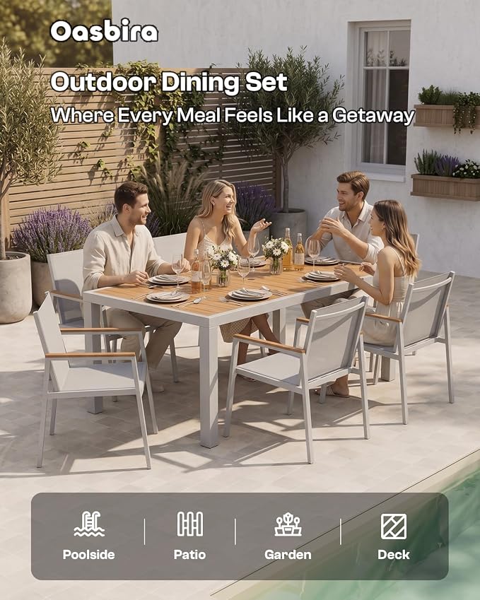 Outdoor Dining Set for 4, Aluminum Patio Table and Chairs Set, 5-Piece All Weather Patio Dining Furniture Set with Umbrella Hole for Backyard, Deck, Poolside (White-Teak)