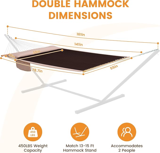 Lazy Daze Hammocks 2 Person Double Quilted Hammock with Spreader Bar, Detachable Pillow & Side Pocket, 450lbs Capacity for Patio Yard Garden Outdoor, Brown