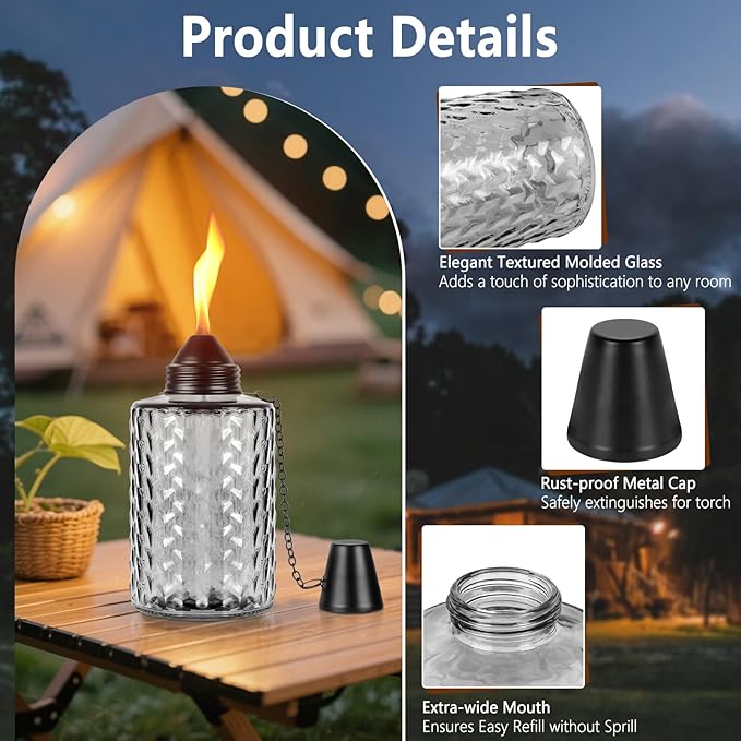 Table Torch Canister 4 Pack, 12oz Glass Citronella Torches Outdoor Lighting, Refillable Tabletop Torch Includes Wick & Cap for Outside Patio & Backyard Parties Décor (Black)