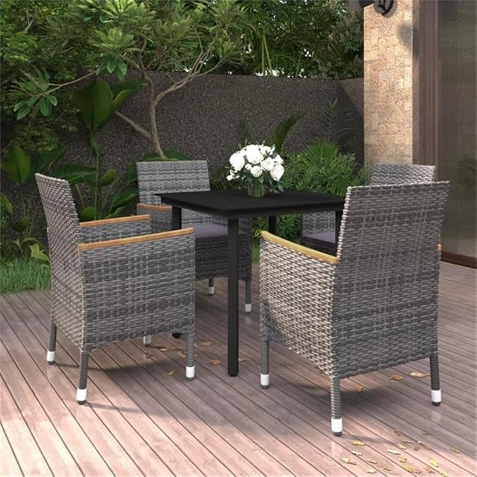 BOWERY HILL Contemporary 5 Piece Patio Dining Set, PE Rattan Weather-Resistant Seats, Gray Finish with Cushions, Glass Tabletop, Compact Outdoor Garden and Terrace Furniture for 4 People