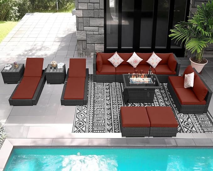 NICESOUL 13 Piece Wicker Patio Set with Chaise Lounge, XL Size 10-Seaters Outdoor Sectional Furniture with Long Firepit Suitable for Natural Gas/Propane, All Weather Heavy Duty Outside Sofas, Grey&Red