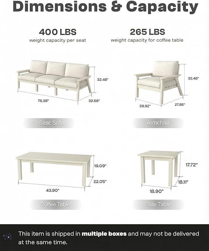 Patio Furniture Set with Washable Thick Beige Cushions, HDPE Outdoor Couch, All-Weather Outdoor Sectional Furniture, Patio Conversation Sets for Lawn, Garden, Porch (White Frame)