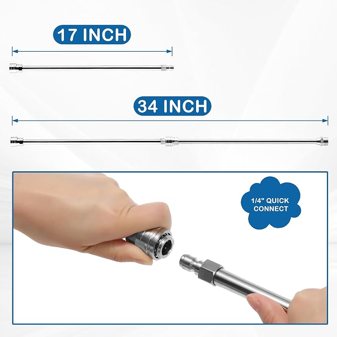 PWACCS Pressure Washer Wand Extension Kit — Dual Stainless Steel Power Washer Lance for Pressure Washing Accessories — M22 to 1/4" Quick Connect — 17 Inch Both