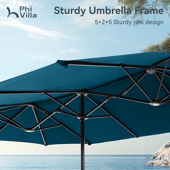 PHI VILLA 13ft Large Patio Umbrellas, Double-Sided Outdoor Market Rectangle Umbrella for Outside, Cyan