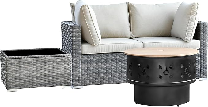 HOOOWOOO 4-Piece Outdoor Wicker Patio Furniture Set, Modular Sectional Sofa with Cushions, Side Table, and Fire Pit Table, All-Weather Rattan Garden Seating for Patio, Porch, or Balcony (Beige)