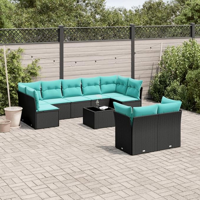 vidaXL Patio Sofa Set with Cushions 10 Piece, Sectional Sofa with Glass Table, Outdoor Conversation Set, Modern Style, Black Poly Rattan