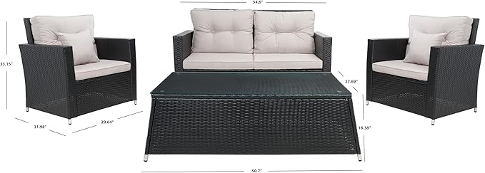 SAFAVIEH Outdoor Collection Lorma Black/Light Grey Wicker 4-Piece Conversation Patio Set