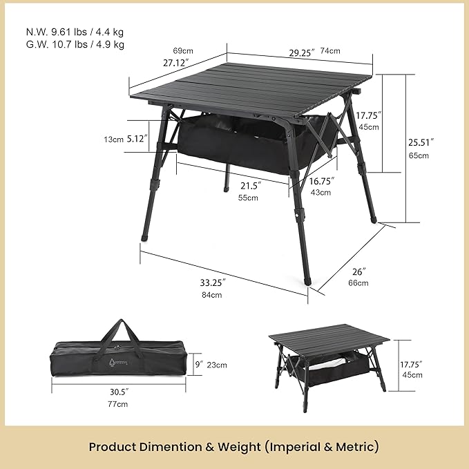ARROWHEAD OUTDOOR 2-Pack 39" Aluminum Folding Camp Roll Up Table w/Adjustable Height, Undertable Mesh Storage, Carry Bag