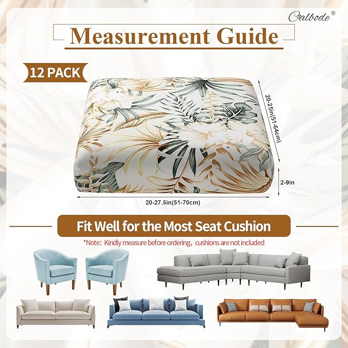 CALBODE 12Pcs Stretch Patio Cushion Cover, Tropical Floral and Leaf Pattern Sofa Covers for Patio Furniture Cushions Washable Reusable Couch Covers Replacement for All Season(Cover Only)