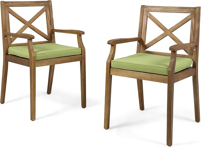 7-Piece Outdoor Patio Expandable Dining Table Set, All-Weather Acacia Wood Dinning Set with 6 Armchair and Cushions for Garden Backyard Balcony Deck Poolside (Green Cushions+Teak)