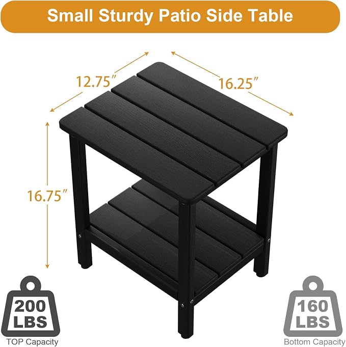 Outdoor Side Table, Small Square Patio Side Table with Adjustable Feet, All-Weather HDPE Adirondack End Tables for Porch Deck Balcony Pool, 2-Tier Storage, Easy Maintenance, Black