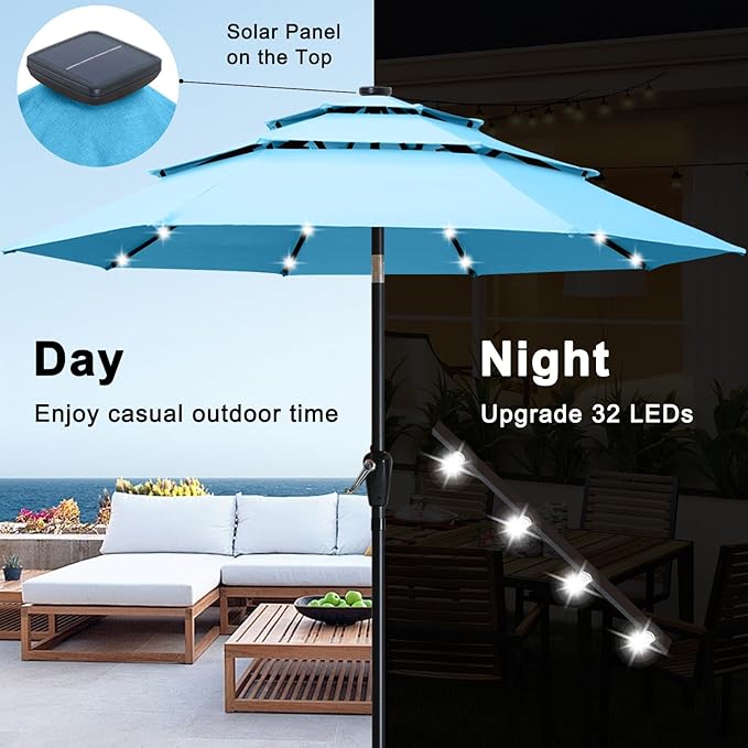 ABCCANOPY 3-Tiers 11FT Solar Patio Umbrella, Outdoor Umbrella with 32 LED Lights for for Deck, Pool, Garden, Backyard (Turquoise)
