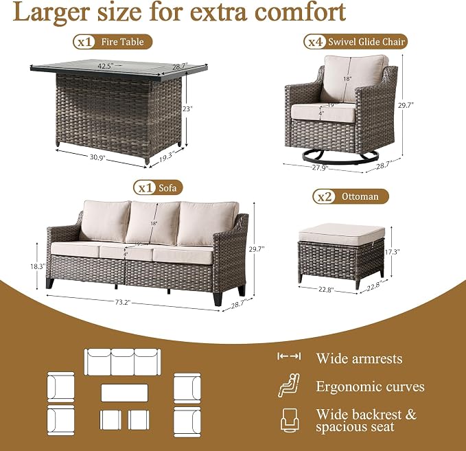 Luxury Patio Furniture Sofa Set - 8 Pieces All Weather Wicker Outdoor Couch and High Back Swivel Rocker Patio Chairs with fire Pit for Deck Yard and Poolside Gray Wicker | Beige Cushions