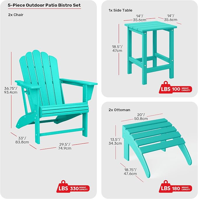 Costaelm Lakeview 5-Piece Adirondack Chair with Folding Ottoman and Table Set, Turquoise