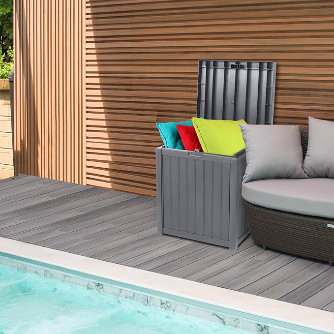 VINGLI 51 Gallon Outdoor Deck Box, Plastic Deck Box Design with Convenient Handles, Lockable Storage Box for Patio, Garden, Backyard and Balcony (Grey)