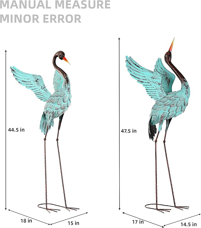 47.5" Blue Heron Decor, Metal Crane Statue Handcrafted | Extra-Large Metal Garden Bird Animal Yard Art, Stable U-Ground Stakes, Backyard Decoration for Lawn