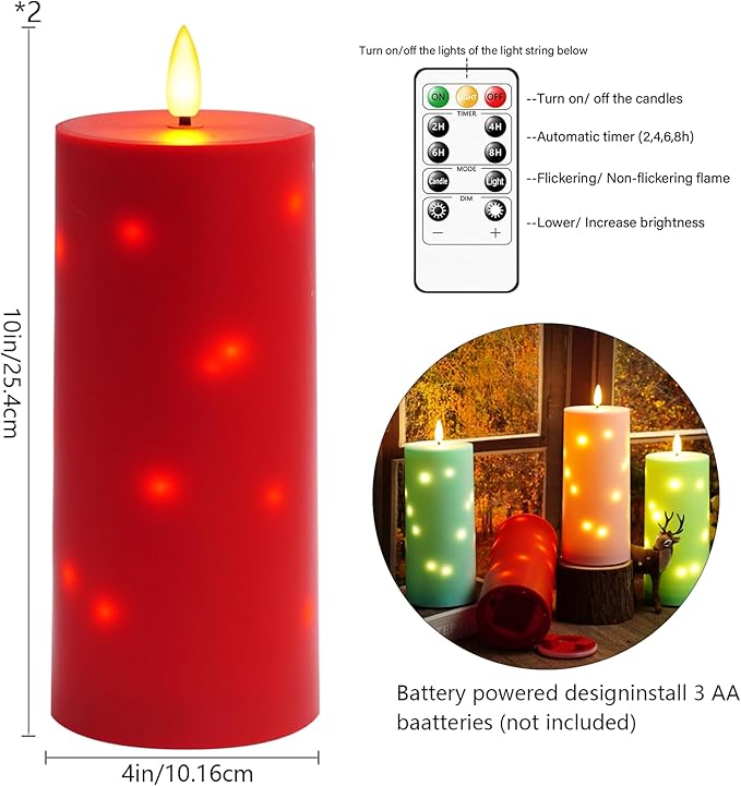 kakoya 10" x 4" Large Outdoor Waterproof Flickering Flameless Candles with Timer,2Pcs Battery Operated LED Pillar Candles with Embedded Star String for Outdoor Lanterns,Porch,Patio Decor(red)
