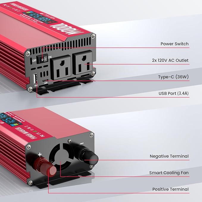 OLTEANP 1000W Power Inverter with LCD Screen Display, 2 AC Outlets, 36W Type-C Port, 5V/3A USB Port, 12V DC to 110V/120V AC Inverter for Truck, Home, Vehicles, Laptop, Trip