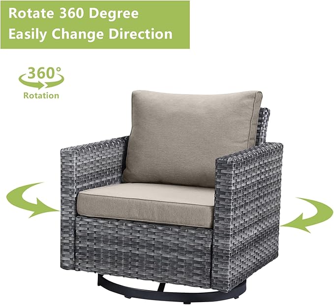 Wicker Outdoor Patio Furniture Set - 8 Piece Patio Conversation Set with 4 Swivel Rocker Chairs,2 Rattan Ottoman,1 Couch and 1 Metal Coffee Table for Outside Porch Deck Backyard(Mixed Grey/Grey)