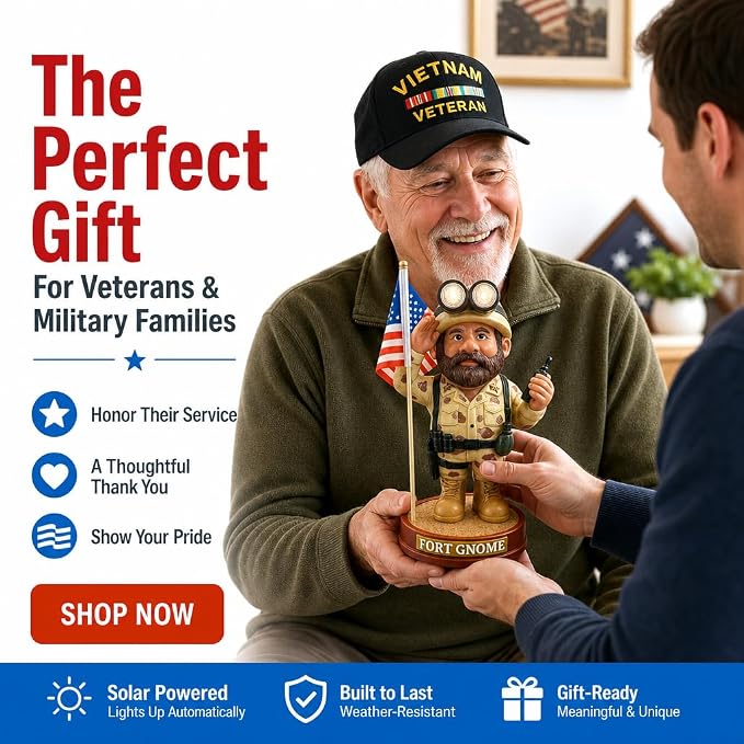 Military Garden Gnome Solar Statue – Patriotic Soldier Gnome | Memorial Day & 4th of July Outdoor Decor | Veteran Gift | Weatherproof Resin Garden Figure with American Flag for Yard & Lawn