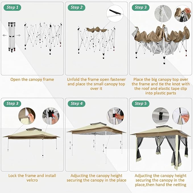 COBIZI 12x12 Pop Up Gazebos On Clearance - Upgrade Easy Up Metal Outdoor Gazebo Waterproof - Portable Gazebo with Mosquito Nettings, 4 Ropes 8 Stakes and Carry Bag for Patio Garden(Khaki)
