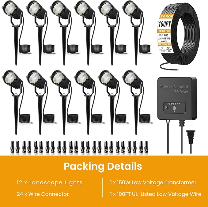 6W Landscape Lighting Kit, Low Voltage Landscape Lights with Transformer 100FT UL-Listed Wire & Connectors, 3000K Waterproof Outdoor Spot Lights for Yard House Tree 12V-24V 12Pack