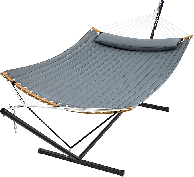 SUPERJARE Hammock with Stand, 2 Person Heavy Duty Hammock with Padded Cotton, Detachable Pillow & Strong Curved-Bar & Portable Carrying Bag, Perfect for Outdoor & Indoor, Neutral Gray