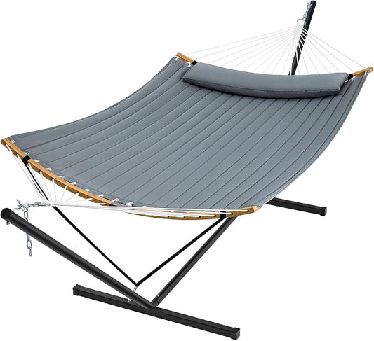 SUPERJARE Hammock with Stand, 2 Person Heavy Duty Hammock with Padded Cotton, Detachable Pillow & Strong Curved-Bar & Portable Carrying Bag, Perfect for Outdoor & Indoor, Neutral Gray