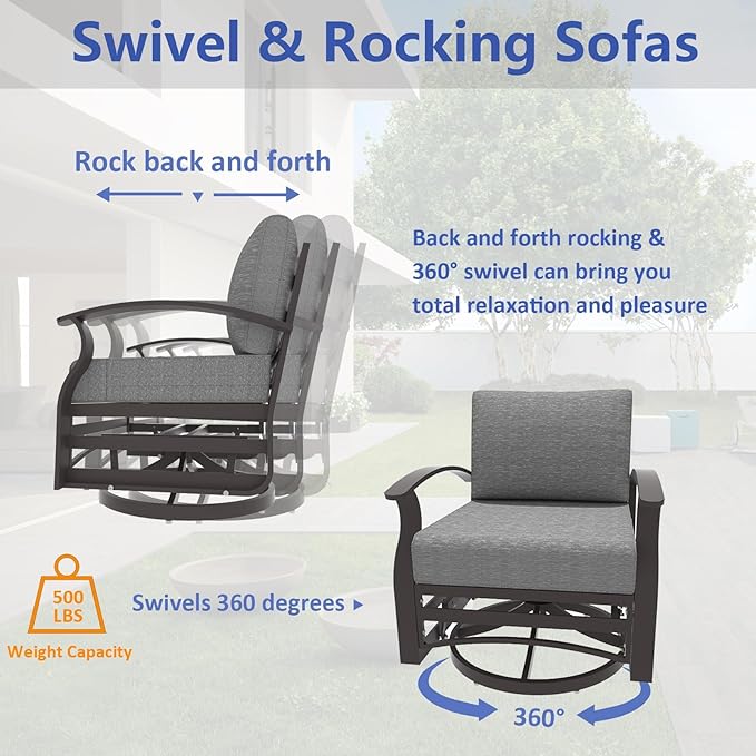 ALAULM Aluminum Patio Furniture Set with Swivel Chairs 7-seat Metal Outdoor Furniture Patio Sectional Sofas w/2 Ottomans for Porch, Backyard, Poolside-Grey