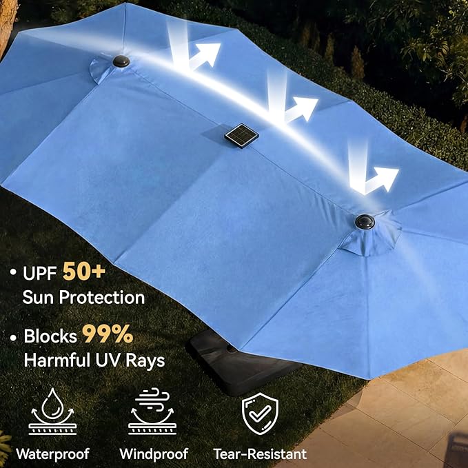 Aoxun 15ft Patio Umbrella with Base Included, Outdoor Double-Sided Rectangular Umbrella with Crank Handle & Ventilation, Large Standing Umbrella for Pool, Deck, Lawn, Backyard & Beach
