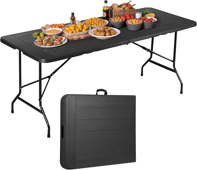 Folding Event Table, Heavy Duty Picnic Table Indoor Outdoor Camping, 6FT Portable w Handle Lock for Banquet, Black