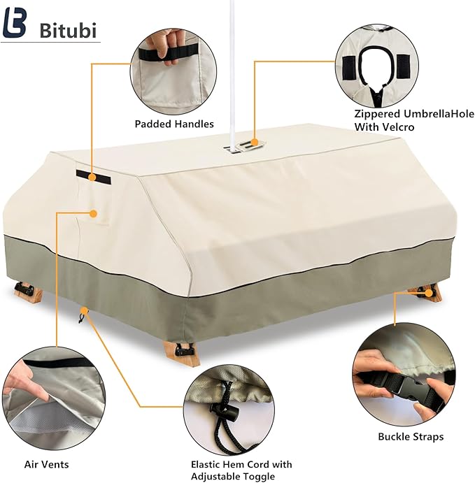 Bitubi Kids Picnic Table Cover with Umbrella Hole for Kids 3-in-1 Sand & Water Table, Waterproof Wood Outdoor Convertible Picnic Table Cover,Beige